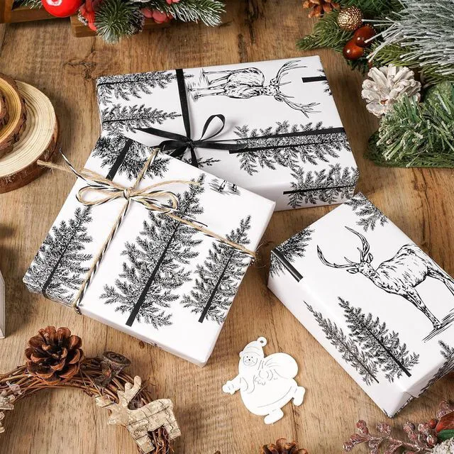 Alt view image 5 of 7 - CNF Woodland Christmas Wrapping Paper Roll, Vintage Forest Reindeer & Snowy Pine Trees in Black White Sketch-style Design, Holiday Party Gift Wrap for Kids Boys Girls, Mini Roll 17 in x 16.4 Ft