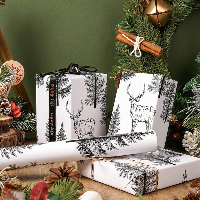 Alt view image 6 of 7 - CNF Woodland Christmas Wrapping Paper Roll, Vintage Forest Reindeer & Snowy Pine Trees in Black White Sketch-style Design, Holiday Party Gift Wrap for Kids Boys Girls, Mini Roll 17 in x 16.4 Ft