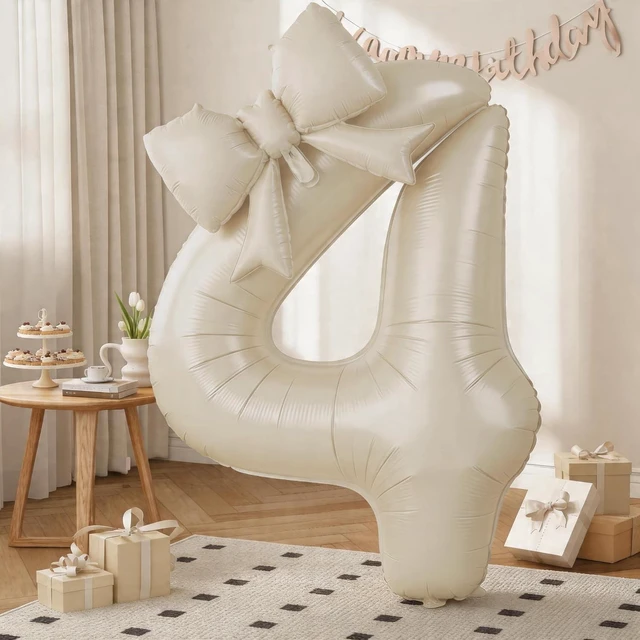 Main image of C 40 Inch Number 4 Balloon with Bow, Giant Self Inflating Beige Foil Numbers 0-9 with Bow Balloon for 4th Birthday Balloon for Girls Women Ivory White Sand Helium Balloons for Birthday Party Cream