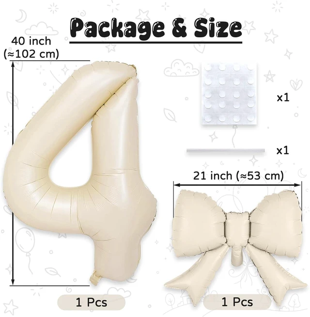 Alt view image 2 of 7 - C 40 Inch Number 4 Balloon with Bow, Giant Self Inflating Beige Foil Numbers 0-9 with Bow Balloon for 4th Birthday Balloon for Girls Women Ivory White Sand Helium Balloons for Birthday Party Cream