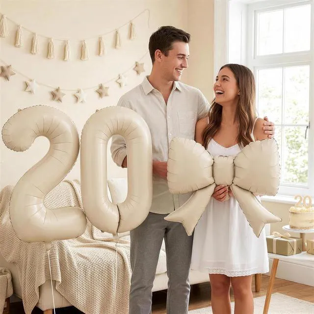 Alt view image 5 of 7 - C 40 Inch Number 4 Balloon with Bow, Giant Self Inflating Beige Foil Numbers 0-9 with Bow Balloon for 4th Birthday Balloon for Girls Women Ivory White Sand Helium Balloons for Birthday Party Cream