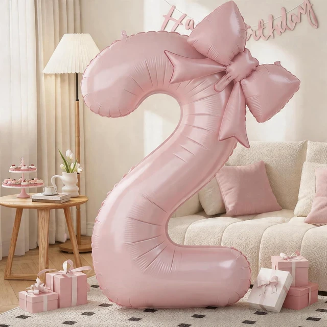 Main image of C Dusty Pink 2 Balloons with Bow Balloons,40In Giant Self Inflating Pastel Pink Foil Numbers 0-9 with Bow Balloon for 2nd Birthday, Digital 2 Helium Balloon for Graduation Princess Party Decorations