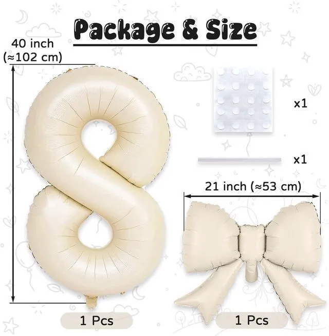 Alt view image 2 of 7 - C 40'' Cream Foil Balloon Number 8 with Bow,Giant Self Inflating Beige Numbers 0-9 with Bow for 8th Birthday Decoration, Ivory White Sand 8 Helium Balloons for Women Girls Birthday Party Supplies