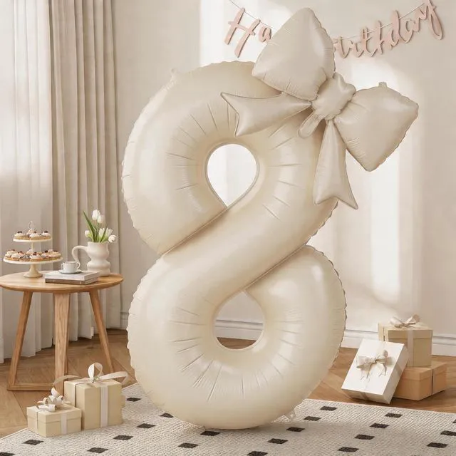 Main image of C 40'' Cream Foil Balloon Number 8 with Bow,Giant Self Inflating Beige Numbers 0-9 with Bow for 8th Birthday Decoration, Ivory White Sand 8 Helium Balloons for Women Girls Birthday Party Supplies