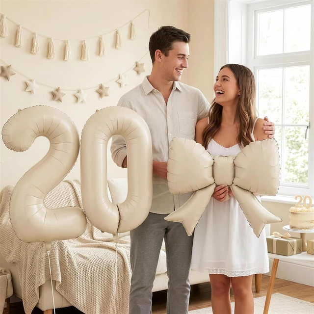 Alt view image 3 of 7 - C Cream 2 Balloons with Bow Balloons, 40 Inch Giant Self Inflating Beige Foil Numbers 0-9 with Bow Balloon for 2th Birthday Balloon for Girls Women, Ivory White Sand 2 Helium Balloons for Graduation