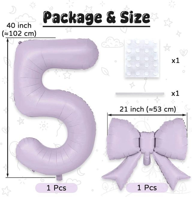 Alt view image 2 of 7 - C 40In Light Purple Number 5 with Bow Balloon, Giant Self Inflating Lavender Foil Numbers 0-9 with Bow for 5th Birthday Decoration Pastel Purple Lilac 5 Helium Balloons for Anniversary Party Supplies