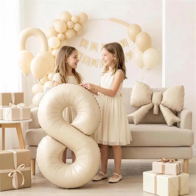 Alt view image 5 of 7 - C 40Inch Cream Number 3 with Bow Balloons, Giant Self Inflating Beige Foil Numbers 0-9 with Bow for 3rd Birthday Decoration, Ivory White Sand 3 Helium Balloons for Girls Women Birthday Party Supplies