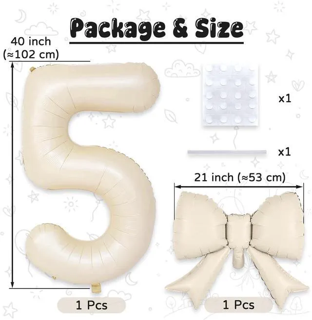 Alt view image 2 of 7 - C 40Inch Beige Number 5 with Bow Balloons, Giant Self Inflating Cream Foil Numbers 0-9 with Bow for 5th Birthday Decoration, Ivory White Sand 5 Helium Balloons for Girls Women Birthday Party Supplies