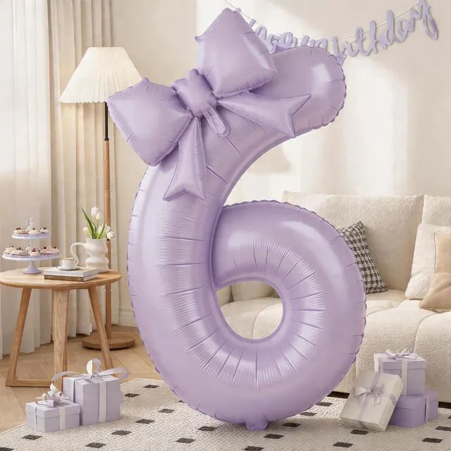 Main image of C Light Purple 6 Balloons with Bow Balloons, 40In Giant Self Inflating Lavender Foil Numbers 0-9 with Bow Balloon for 6th Birthday, Pastel Purple Lilac 6 Helium Balloon for Anniversary Party Supplies