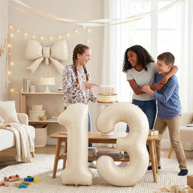Alt view image 3 of 7 - C 40Inch Cream Number 3 with Bow Balloons, Giant Self Inflating Beige Foil Numbers 0-9 with Bow for 3rd Birthday Decoration, Ivory White Sand 3 Helium Balloons for Girls Women Birthday Party Supplies