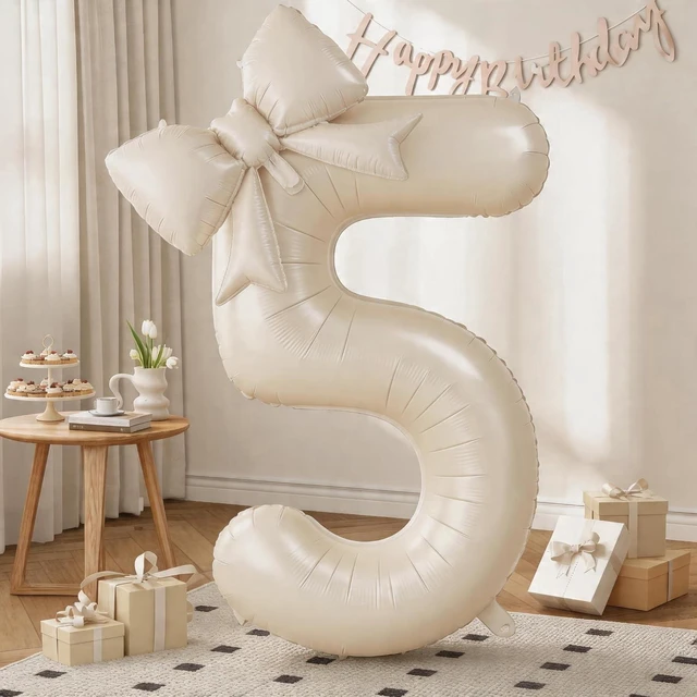 Main image of C 40Inch Beige Number 5 with Bow Balloons, Giant Self Inflating Cream Foil Numbers 0-9 with Bow for 5th Birthday Decoration, Ivory White Sand 5 Helium Balloons for Girls Women Birthday Party Supplies