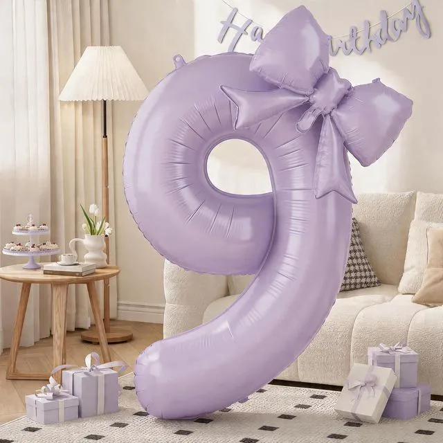 Main image of C 40In Light Purple Number 9 with Bow Balloon, Giant Self Inflating Lavender Foil Numbers 0-9 with Bow for 9th Birthday Decoration Pastel Purple Lilac 9 Helium Balloons for Anniversary Party Supplies