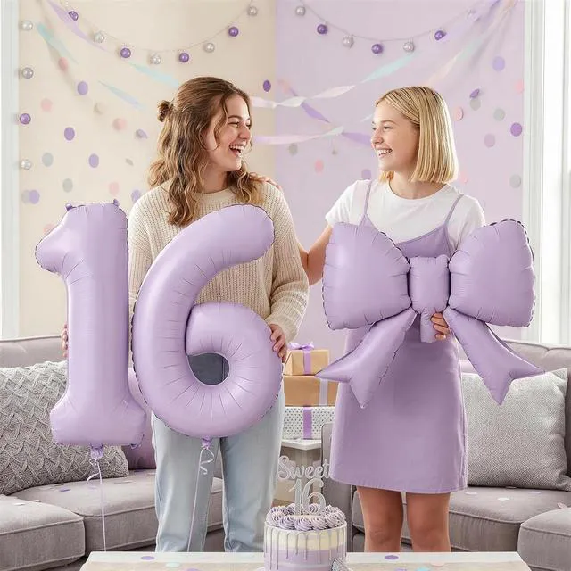 Alt view image 5 of 7 - C 40In Light Purple Number 9 with Bow Balloon, Giant Self Inflating Lavender Foil Numbers 0-9 with Bow for 9th Birthday Decoration Pastel Purple Lilac 9 Helium Balloons for Anniversary Party Supplies