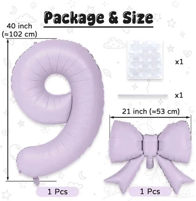 Alt view image 2 of 7 - C 40In Light Purple Number 9 with Bow Balloon, Giant Self Inflating Lavender Foil Numbers 0-9 with Bow for 9th Birthday Decoration Pastel Purple Lilac 9 Helium Balloons for Anniversary Party Supplies