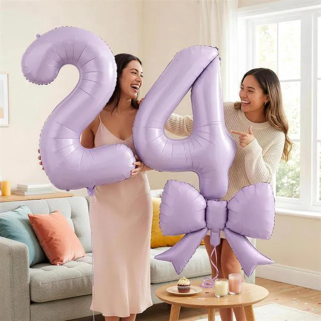 Alt view image 6 of 7 - C 40In Light Purple Number 9 with Bow Balloon, Giant Self Inflating Lavender Foil Numbers 0-9 with Bow for 9th Birthday Decoration Pastel Purple Lilac 9 Helium Balloons for Anniversary Party Supplies