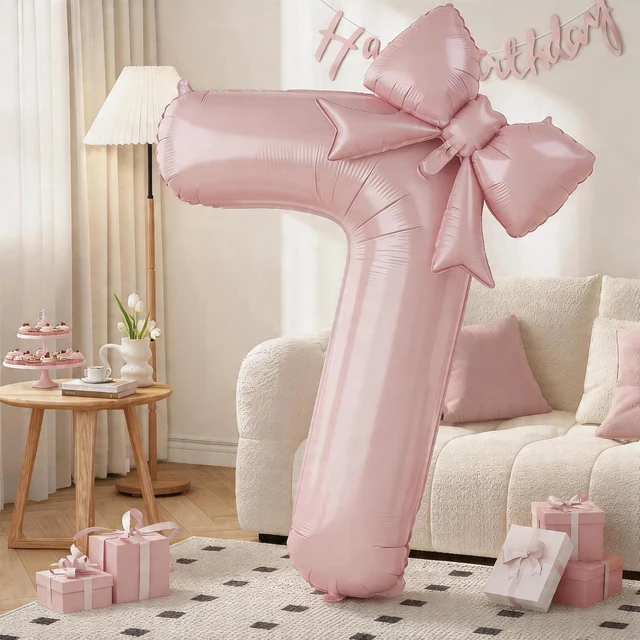 Main image of C 40In Dusty Pink Number 7 with Bow Balloons, Giant Self Inflating Pastel Pink Foil Numbers 0-9 with Bow for 7th Birthday Decoration, Digital 7 Helium Balloons for Baby Shower Princess Party Supplies