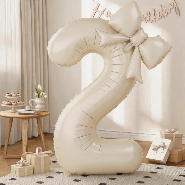 Main image of C Cream 2 Balloons with Bow Balloons, 40 Inch Giant Self Inflating Beige Foil Numbers 0-9 with Bow Balloon for 2th Birthday Balloon for Girls Women, Ivory White Sand 2 Helium Balloons for Graduation
