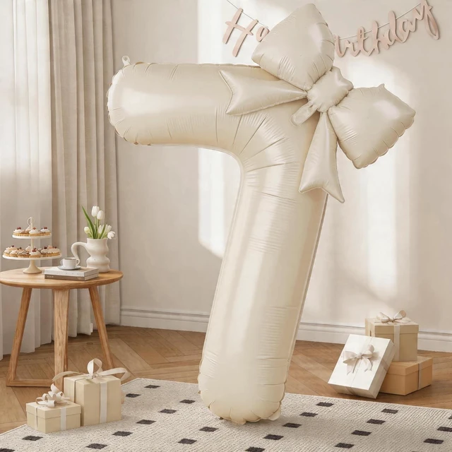 Main image of C 40Inch Cream Number 7 with Bow Balloons, Giant Self Inflating Beige Cream Foil Numbers 0-9 with Bow for 7th Birthday Decoration, Large Ivory White Sand 7 Helium Balloons for Girls Women Anniversary