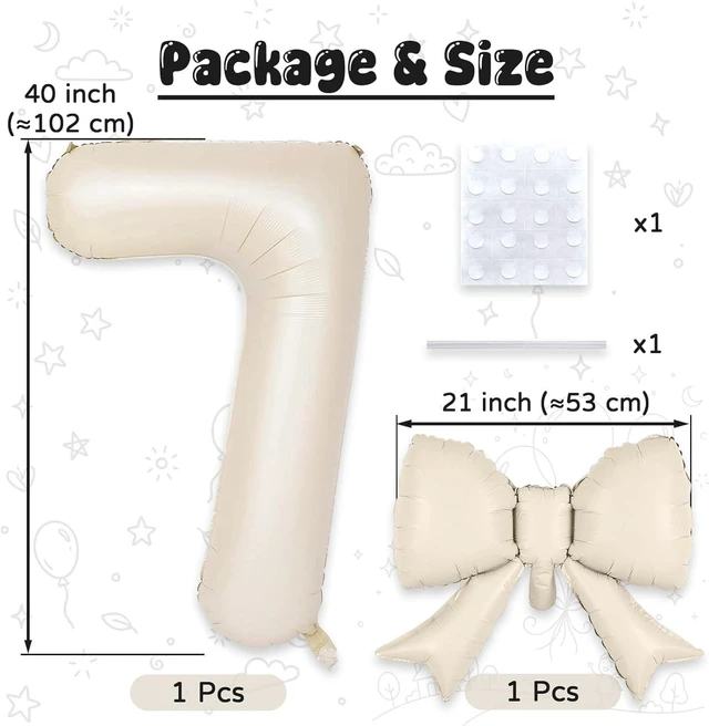 Alt view image 2 of 7 - C 40Inch Cream Number 7 with Bow Balloons, Giant Self Inflating Beige Cream Foil Numbers 0-9 with Bow for 7th Birthday Decoration, Large Ivory White Sand 7 Helium Balloons for Girls Women Anniversary