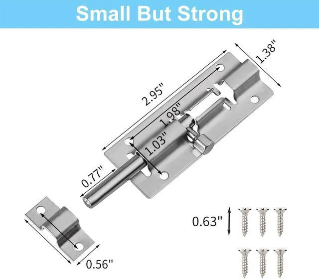 Alt view image 4 of 7 - 2 Pack Barrel Bolt Latch, 3 Inches Slide Latch Lock Thickened Stainless Steel Sliding Locks for Door Sliding Bolt Lock Latches with 12PCS Screws Brushed