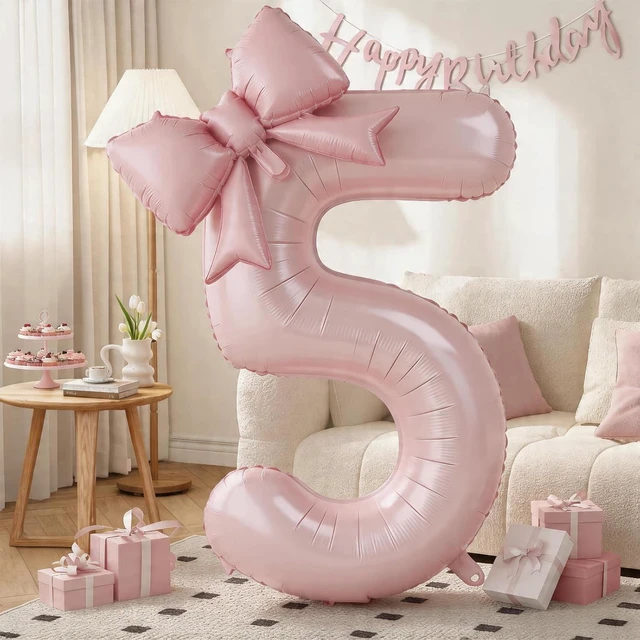 Main image of C 40In Dusty Pink Number 5 with Bow Balloons, Giant Self Inflating Pastel Pink Foil Numbers 0-9 with Bow for 5th Birthday Decoration, Digital 5 Helium Balloons for Baby Shower Princess Party Supplies