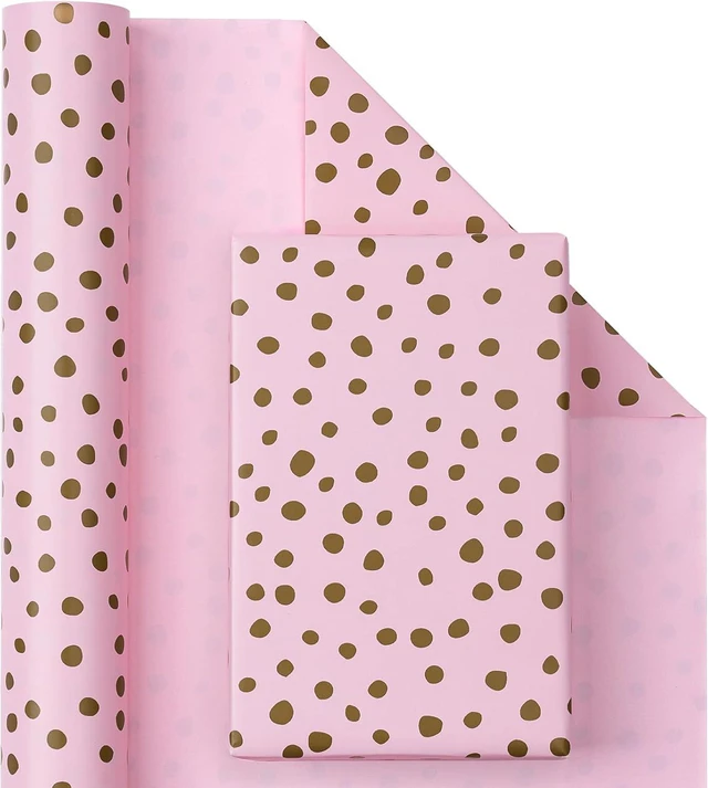 Alt view image 2 of 7 - CozyNestFinds Reversible Wrapping Paper - Mini Roll - 17 Inch x 33 Feet - Pink Print and Gold Delicate Polka Dots Design for Birthday, Holiday, Wedding, Baby Shower
