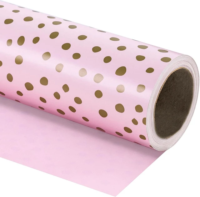Main image of CozyNestFinds Reversible Wrapping Paper - Mini Roll - 17 Inch x 33 Feet - Pink Print and Gold Delicate Polka Dots Design for Birthday, Holiday, Wedding, Baby Shower