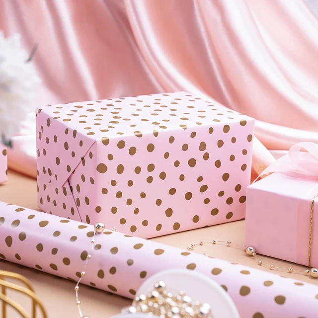 Alt view image 7 of 7 - CozyNestFinds Reversible Wrapping Paper - Mini Roll - 17 Inch x 33 Feet - Pink Print and Gold Delicate Polka Dots Design for Birthday, Holiday, Wedding, Baby Shower
