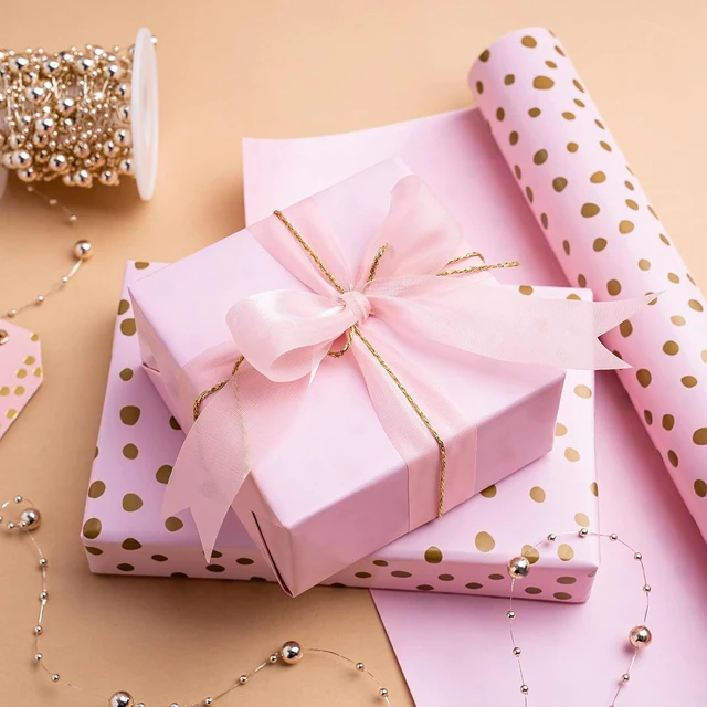 Alt view image 6 of 7 - CozyNestFinds Reversible Wrapping Paper - Mini Roll - 17 Inch x 33 Feet - Pink Print and Gold Delicate Polka Dots Design for Birthday, Holiday, Wedding, Baby Shower