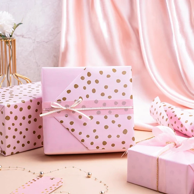 Alt view image 4 of 7 - CozyNestFinds Reversible Wrapping Paper - Mini Roll - 17 Inch x 33 Feet - Pink Print and Gold Delicate Polka Dots Design for Birthday, Holiday, Wedding, Baby Shower