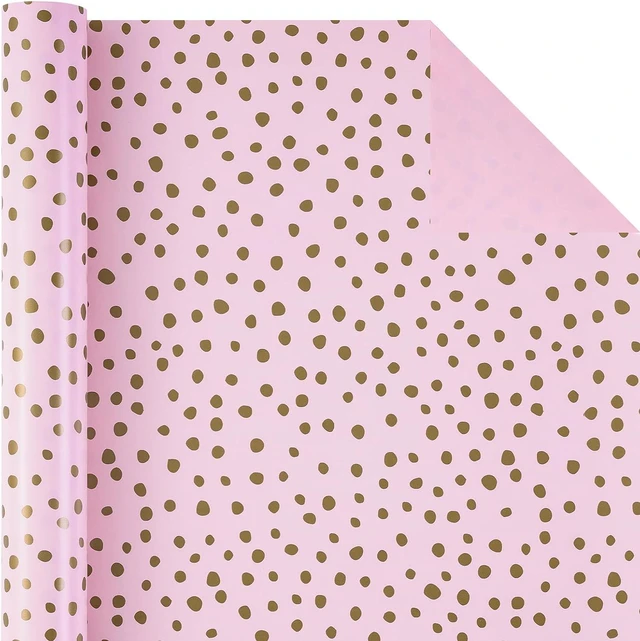 Alt view image 3 of 7 - CozyNestFinds Reversible Wrapping Paper - Mini Roll - 17 Inch x 33 Feet - Pink Print and Gold Delicate Polka Dots Design for Birthday, Holiday, Wedding, Baby Shower