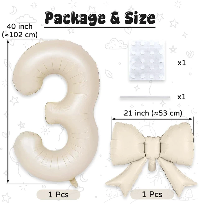 Alt view image 2 of 7 - C 40Inch Cream Number 3 with Bow Balloons, Giant Self Inflating Beige Foil Numbers 0-9 with Bow for 3rd Birthday Decoration, Ivory White Sand 3 Helium Balloons for Girls Women Birthday Party Supplies