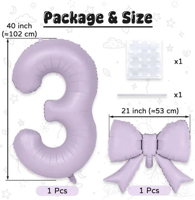 Alt view image 2 of 7 - C 40In Light Purple Number 3 with Bow Balloon, Giant Self Inflating Lavender Foil Numbers 0-9 with Bow for 3rd Birthday Decoration Pastel Purple Lilac 3 Helium Balloons for Anniversary Party Supplies