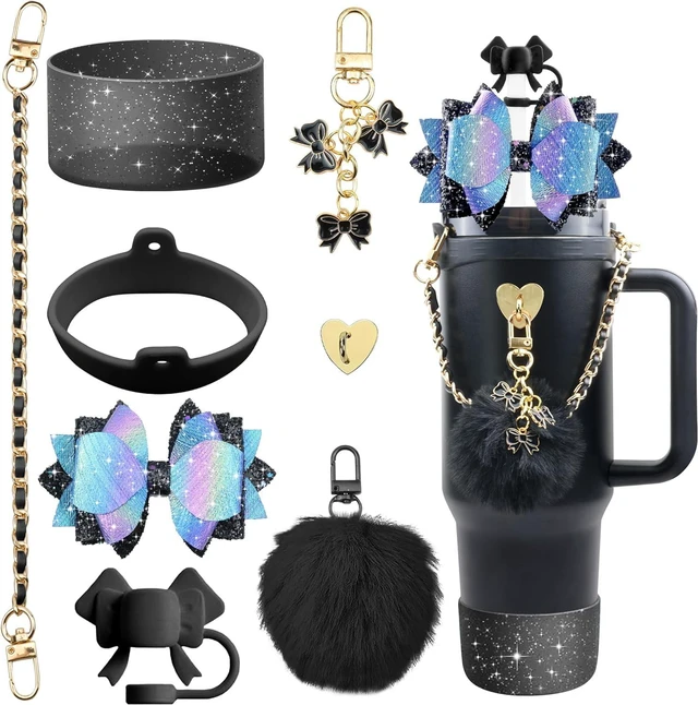 Main image of CozyNestFinds Bling Accessories for Stanley Cup 40oz & 30oz Tumbler including Silicone Cute Bow Straw Topper Cover, Silicone Boot for Stanley Cup,Leather Water Bottle Handle Strap, Charms