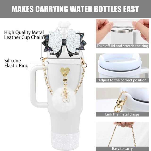 Alt view image 2 of 7 - CozyNestFinds Bling Accessories for Stanley Cup 40oz & 30oz Tumbler including Silicone Cute Bow Straw Topper Cover, Silicone Boot for Stanley Cup,Leather Water Bottle Handle Strap, Charms