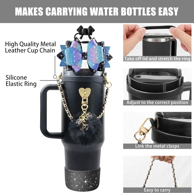 Alt view image 2 of 7 - CozyNestFinds Bling Accessories for Stanley Cup 40oz & 30oz Tumbler including Silicone Cute Bow Straw Topper Cover, Silicone Boot for Stanley Cup,Leather Water Bottle Handle Strap, Charms