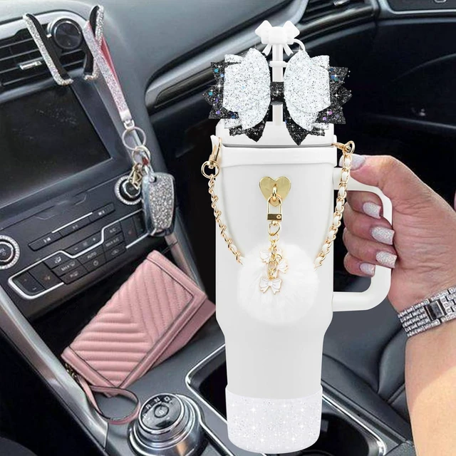 Alt view image 5 of 7 - CozyNestFinds Bling Accessories for Stanley Cup 40oz & 30oz Tumbler including Silicone Cute Bow Straw Topper Cover, Silicone Boot for Stanley Cup,Leather Water Bottle Handle Strap, Charms