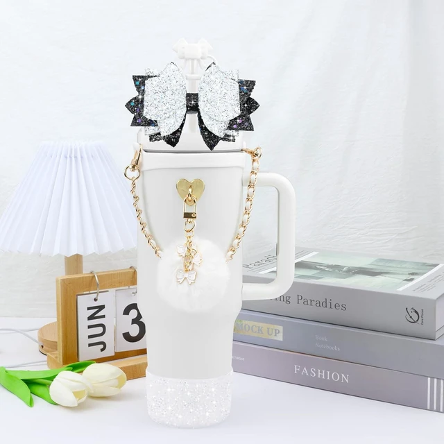Alt view image 6 of 7 - CozyNestFinds Bling Accessories for Stanley Cup 40oz & 30oz Tumbler including Silicone Cute Bow Straw Topper Cover, Silicone Boot for Stanley Cup,Leather Water Bottle Handle Strap, Charms