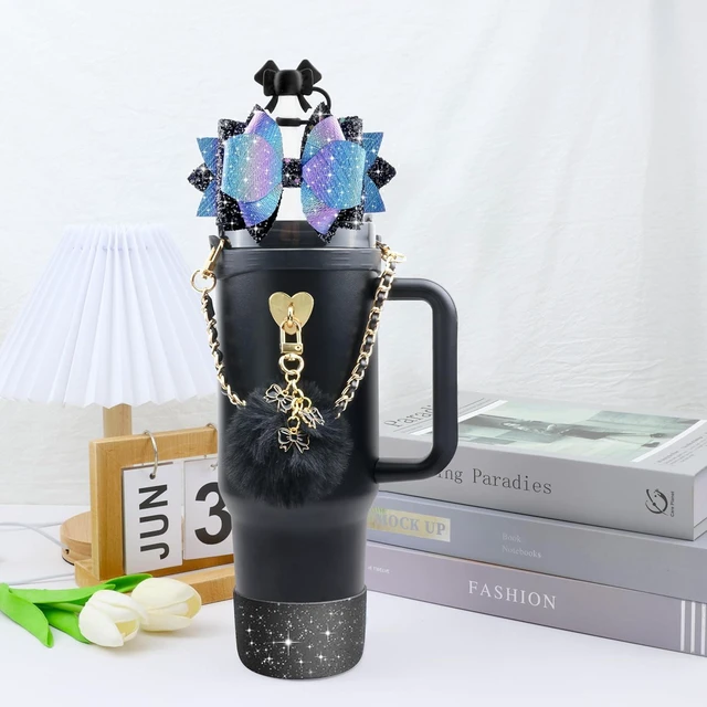 Alt view image 5 of 7 - CozyNestFinds Bling Accessories for Stanley Cup 40oz & 30oz Tumbler including Silicone Cute Bow Straw Topper Cover, Silicone Boot for Stanley Cup,Leather Water Bottle Handle Strap, Charms