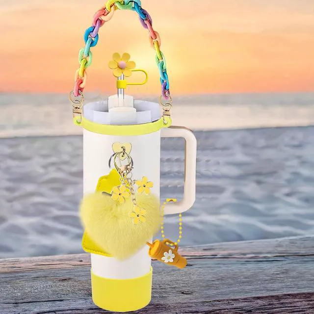 Alt view image 3 of 7 - CozyNestF 9Pcs Accessories Set for Stanley Cup, Including Bottle Handle Strap, Straw Covers, Boot, Keychains, Lip Balm Sleeve and Mini Handle Charm, Fits 20/30/40 oz Stanley Tumblers (yellow)