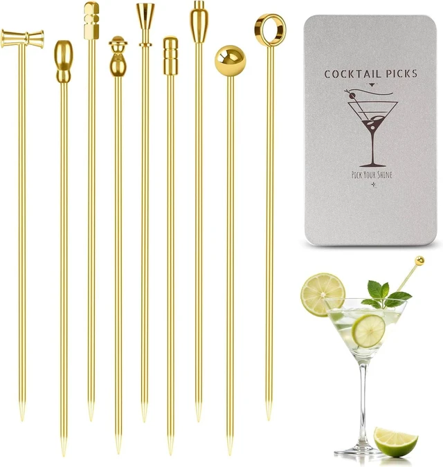 Main image of Metal Cocktail Martini Picks Gold, 4.1 in Olive Skewers Stainless Steel, Martini Garnish Sticks Reusable, Metal Toothpicks for Drinks, Appetizers, Cheese, Bar Accessories Cocktail Supplies - 9 Pcs