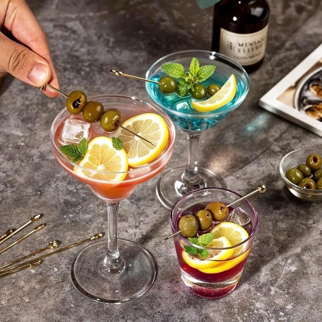 Alt view image 2 of 7 - Metal Cocktail Martini Picks Gold, 4.1 in Olive Skewers Stainless Steel, Martini Garnish Sticks Reusable, Metal Toothpicks for Drinks, Appetizers, Cheese, Bar Accessories Cocktail Supplies - 9 Pcs