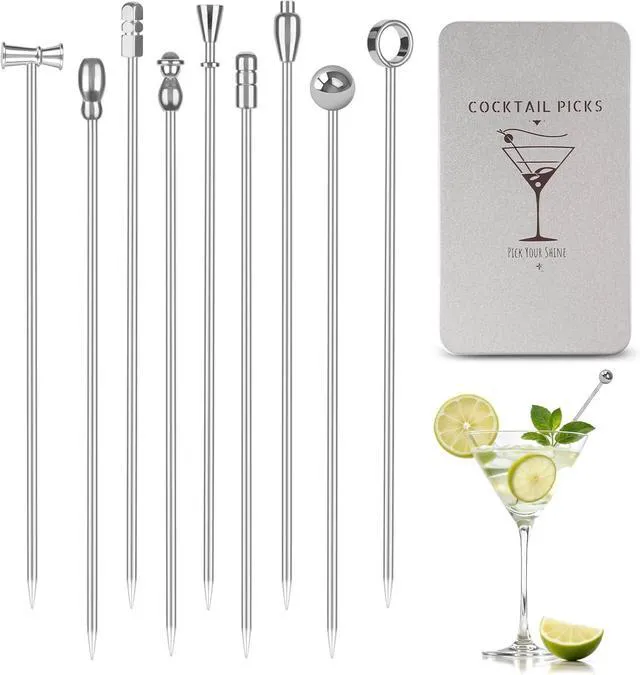 Alt view image 7 of 7 - Metal Cocktail Martini Picks Gold, 4.1 in Olive Skewers Stainless Steel, Martini Garnish Sticks Reusable, Metal Toothpicks for Drinks, Appetizers, Cheese, Bar Accessories Cocktail Supplies - 9 Pcs