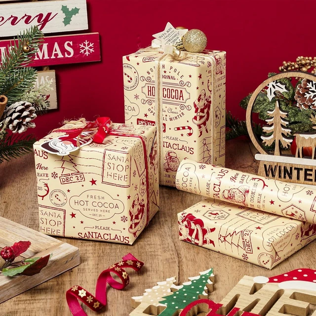 Alt view image 3 of 7 - CozyNestFinds Vintage Christmas Wrapping Paper Roll, Vintage Newspaper Style Santa Claus, Hot Cocoa Nostalgic Design Cream Red Retro Holiday Party Gift Wrap, DIY Crafts, Mini Roll 17in x 16.4 Ft