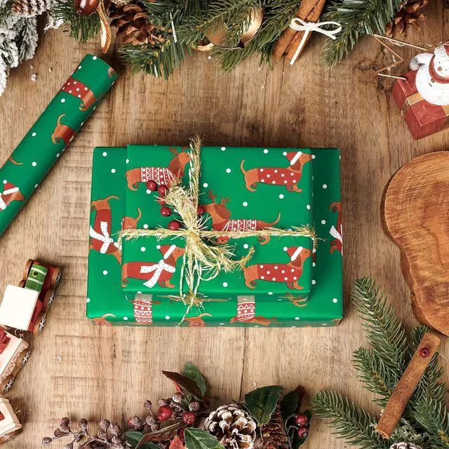 Alt view image 2 of 7 - CozyNestFinds Christmas Dachshund Wrapping Paper Mini Roll, Dachshund Dressed in Festive Customes, White Snow-dot Xmas Green Design, Holiday Party Gift Wrap for Kids Boys Girls, 17 inches x 16.4 Feet