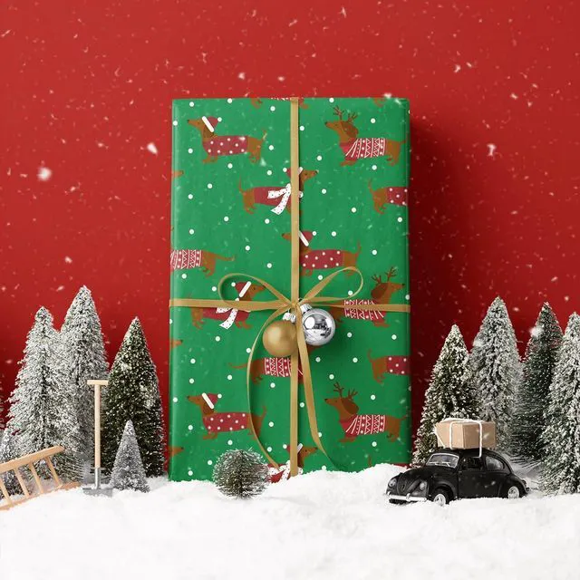 Alt view image 5 of 7 - CozyNestFinds Christmas Dachshund Wrapping Paper Mini Roll, Dachshund Dressed in Festive Customes, White Snow-dot Xmas Green Design, Holiday Party Gift Wrap for Kids Boys Girls, 17 inches x 16.4 Feet