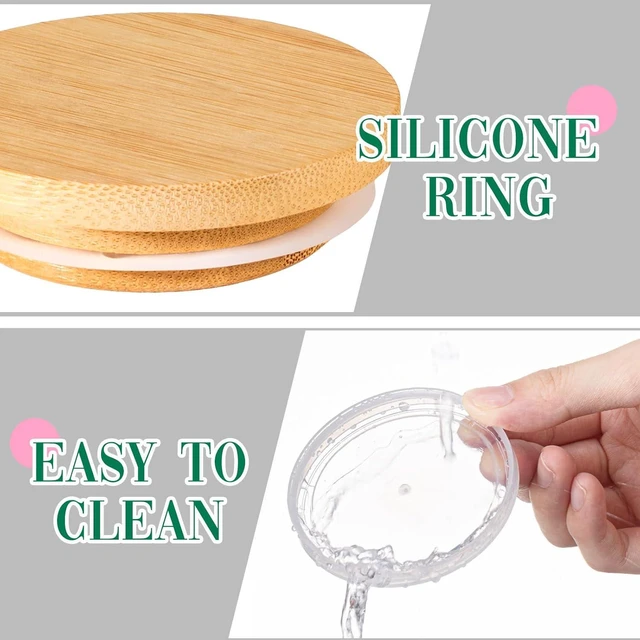 Alt view image 3 of 6 - KitchenKey 12 Pcs Yogurt Jar Lids Clear Plastic Silicone and Bamboo Wood Container Lids with Sealing Rings Reusable Replacement Covers Compatible with 5, 8, 10 Oz Oui Glass Jars