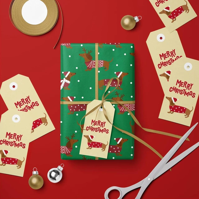 Alt view image 7 of 7 - CozyNestFinds Christmas Dachshund Wrapping Paper Mini Roll, Dachshund Dressed in Festive Customes, White Snow-dot Xmas Green Design, Holiday Party Gift Wrap for Kids Boys Girls, 17 inches x 16.4 Feet
