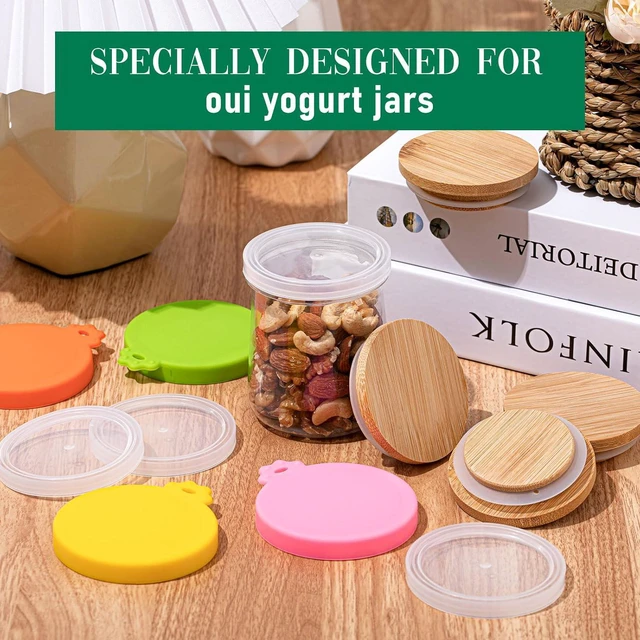 Alt view image 5 of 6 - KitchenKey 12 Pcs Yogurt Jar Lids Clear Plastic Silicone and Bamboo Wood Container Lids with Sealing Rings Reusable Replacement Covers Compatible with 5, 8, 10 Oz Oui Glass Jars
