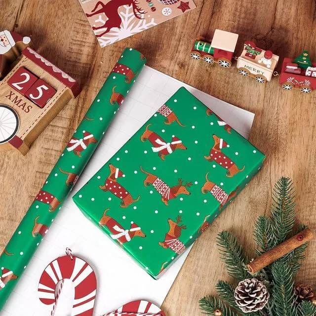 Alt view image 3 of 7 - CozyNestFinds Christmas Dachshund Wrapping Paper Mini Roll, Dachshund Dressed in Festive Customes, White Snow-dot Xmas Green Design, Holiday Party Gift Wrap for Kids Boys Girls, 17 inches x 16.4 Feet